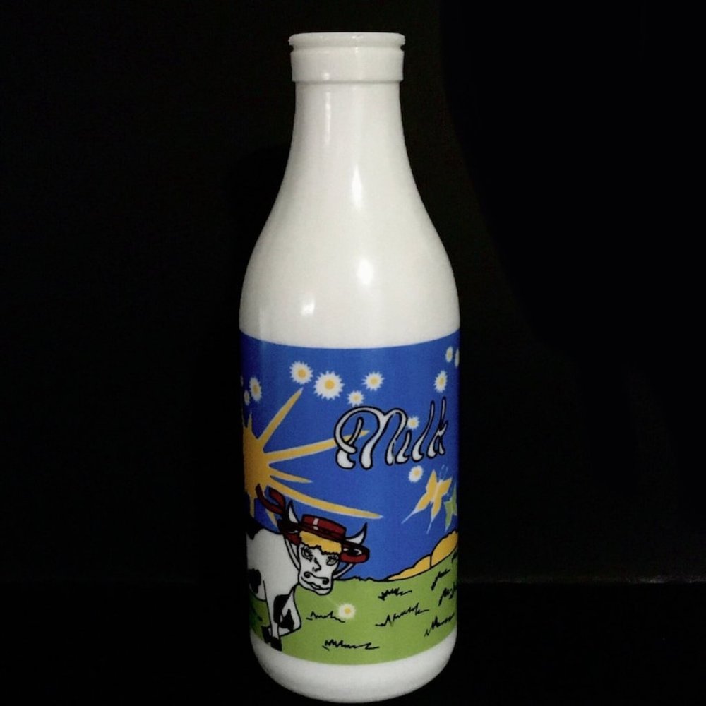 Vintage 1960s Carlton Glass Farmhouse Cow with a Bonnet Milk Glass Bottle 10.5"